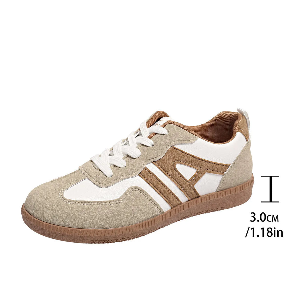 Women's retro colour matching lace-up casual trainers with a low platform heel in black, grey, or khaki.