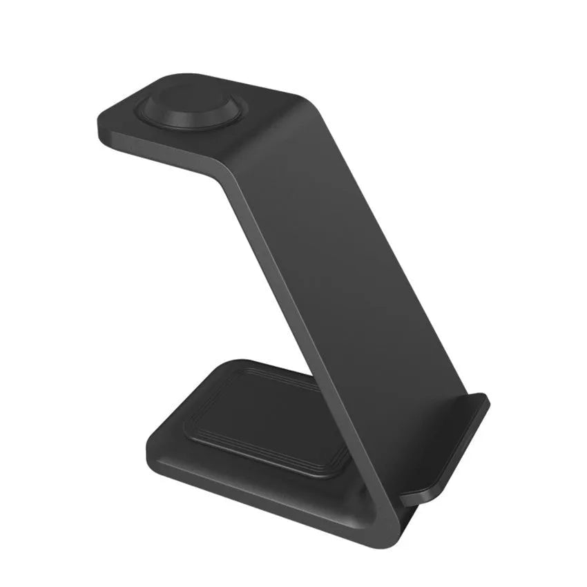 White 3-in-1 wireless charger with phone in upright holder, earbuds on charging pad, and smartwatch on charger