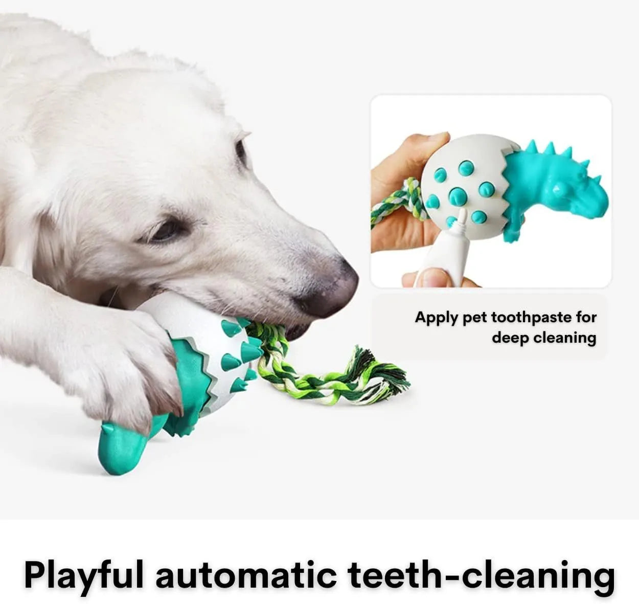 Blue dinosaur-shaped dog chew toy with interactive rope, nubs for dental cleaning, size 129x97x82.5mm