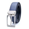 Men's dark brown and black casual leather belt with a silver rotating pin buckle, laid flat.