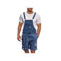 Ripped blue denim shorts for men with built-in black suspenders on a mid-waist straight-leg fit.
