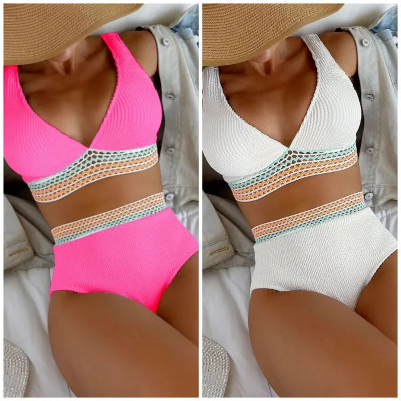 Women's high-waisted solid colour bikini swimsuit set in nylon fabric
