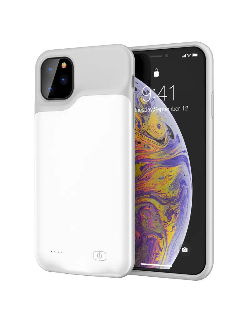 Shockproof silicone battery charger case for iPhone in black, blue, pink, or white with extra power capacity