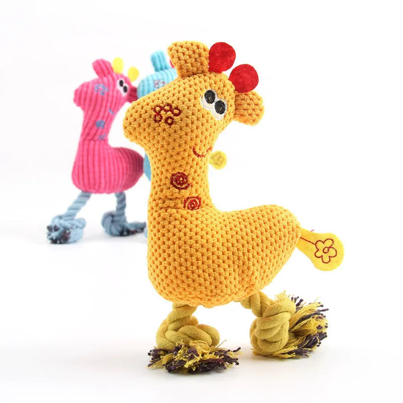 Blue deer-shaped plush dog toy with corn grain texture, measuring 20 cm long with integrated sound module