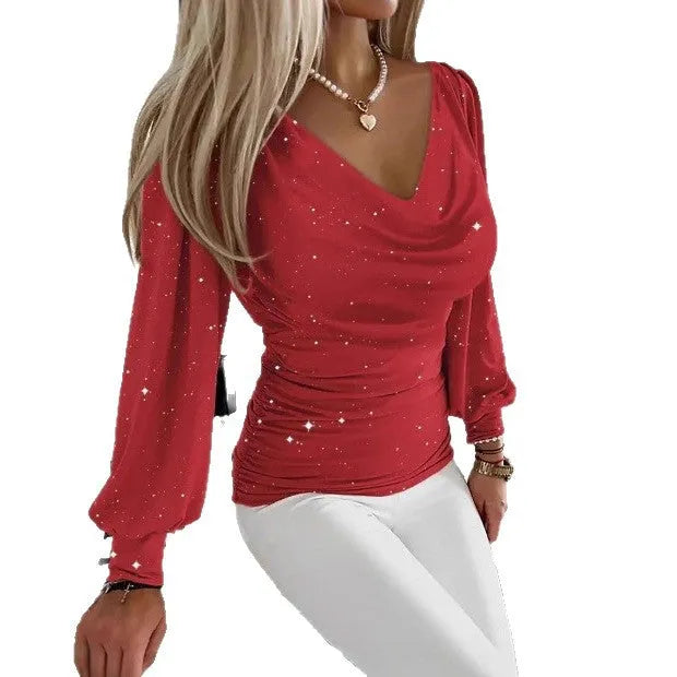 Women's red polyester top with draped neck, flared long sleeves, sequins, slim fit pullover, sizes S-XXL