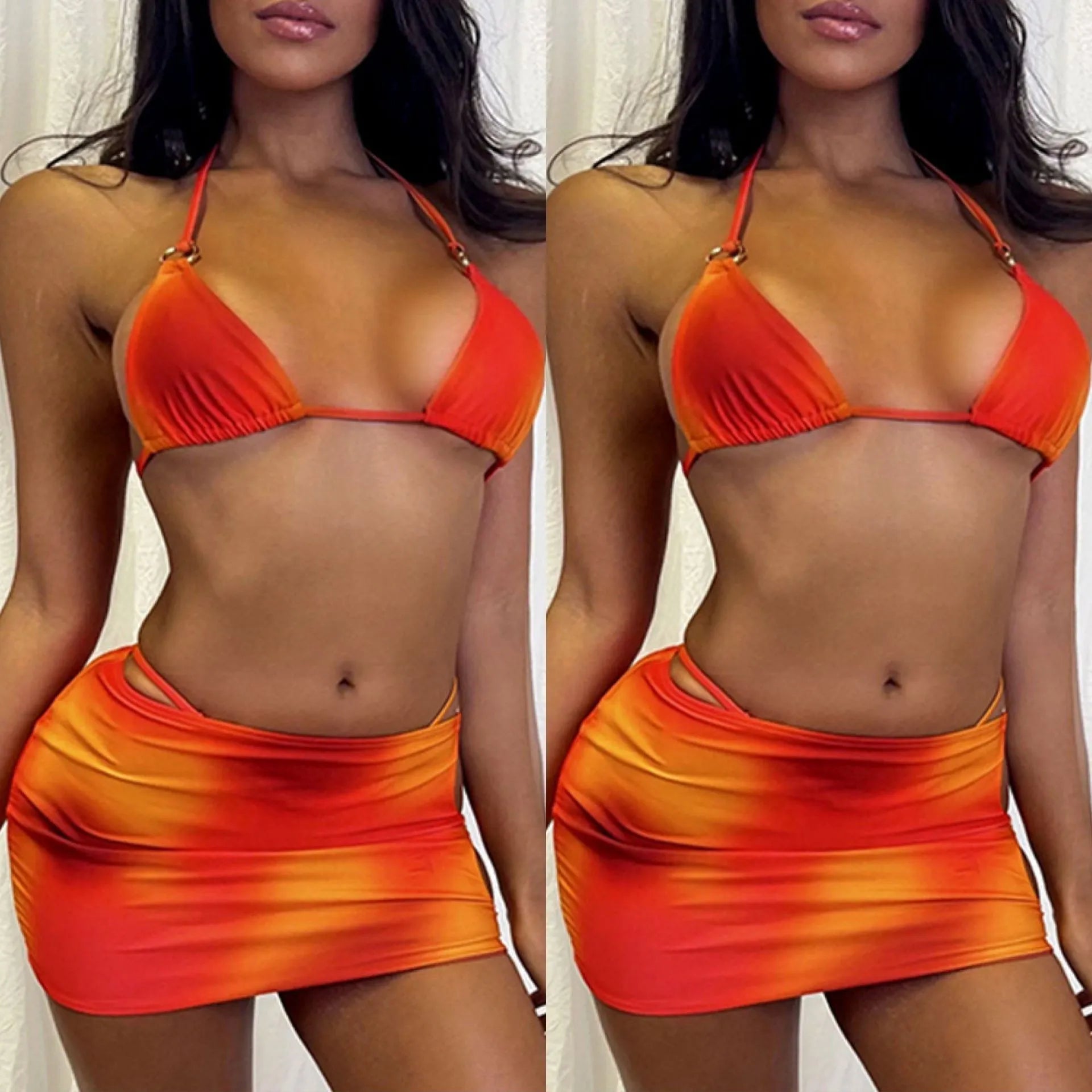 Tie-dye three-piece halter bikini swimwear set with quick-dry polyester fabric on mannequin
