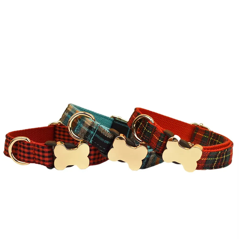 Flat fabric nylon dog collar with printed grid pattern and bone-shaped buckle