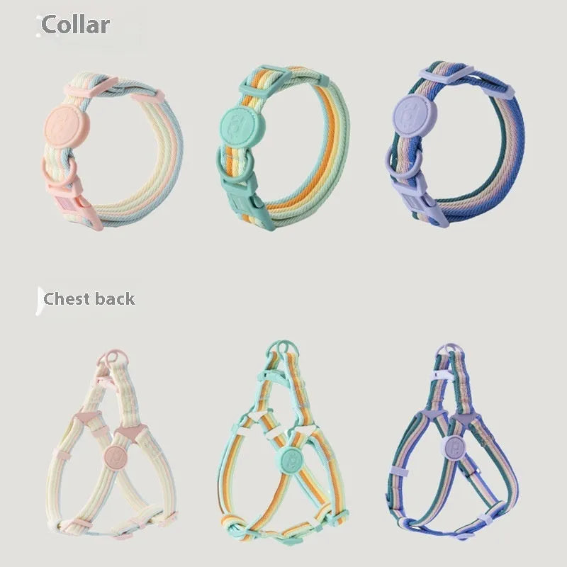 Retro record style dog vest set with collar and hand holding rope in various colours for small medium dogs.
