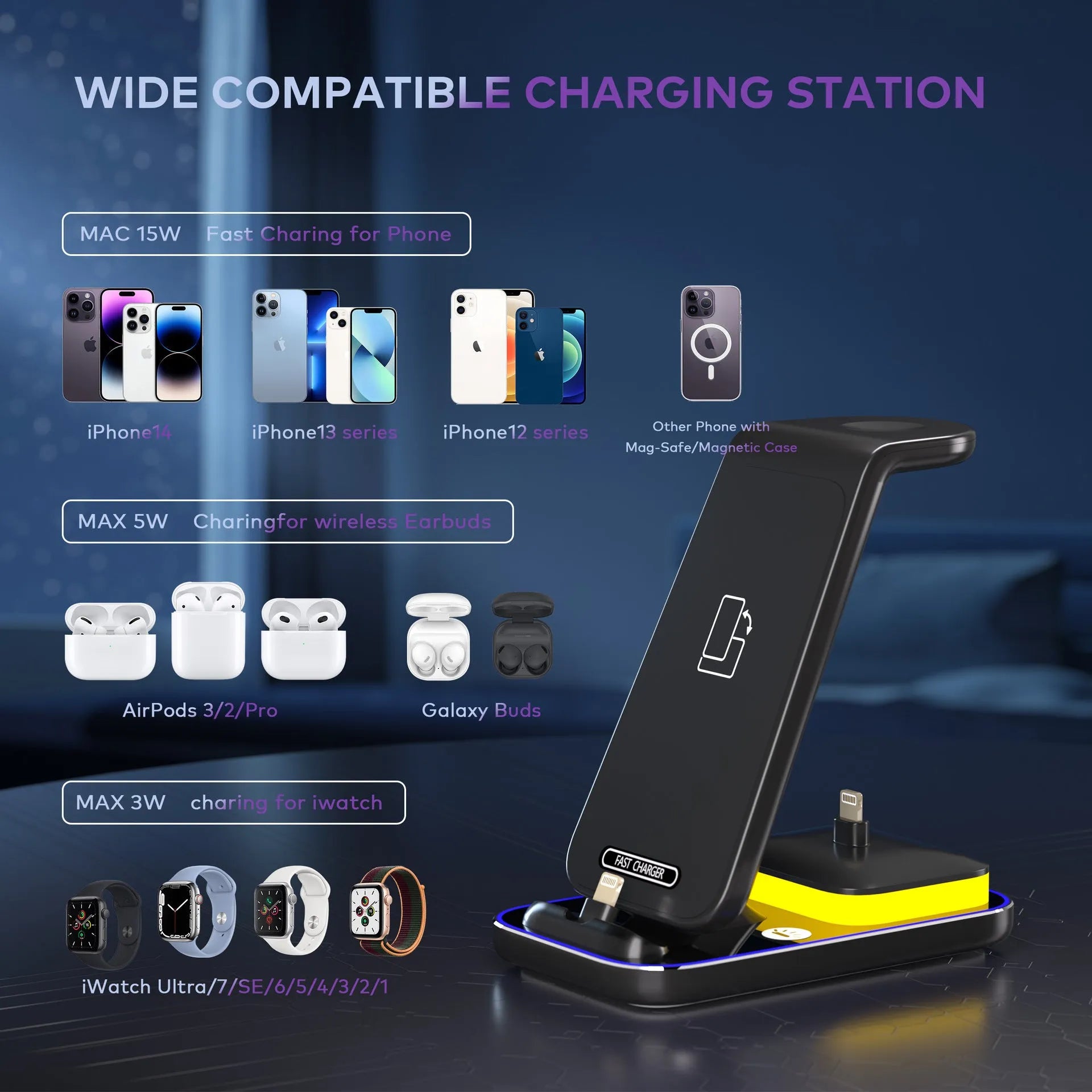 Black vertical wireless charging station with phone, smartwatch, and earbuds charging simultaneously