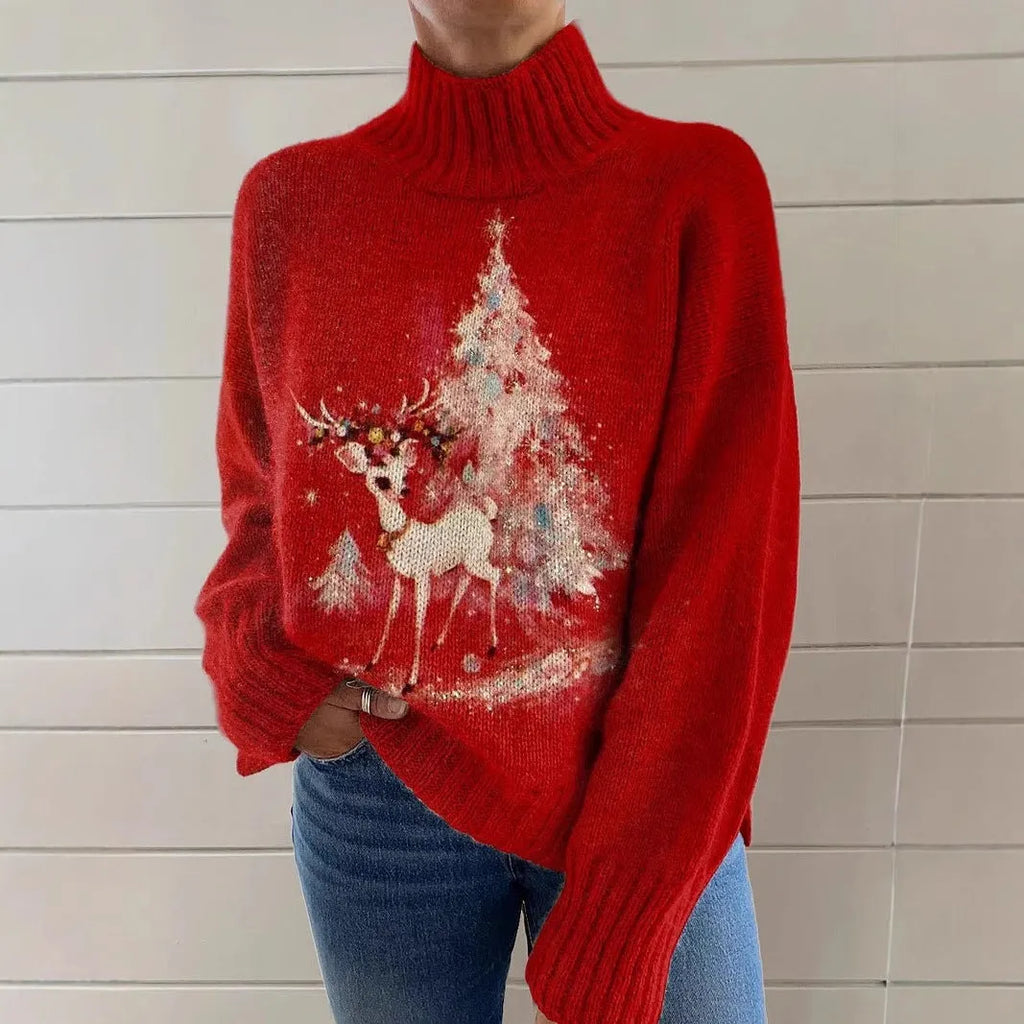 Women's loose-fit Christmas printed turtleneck sweater in macaron colours with painting pattern and long sleeves