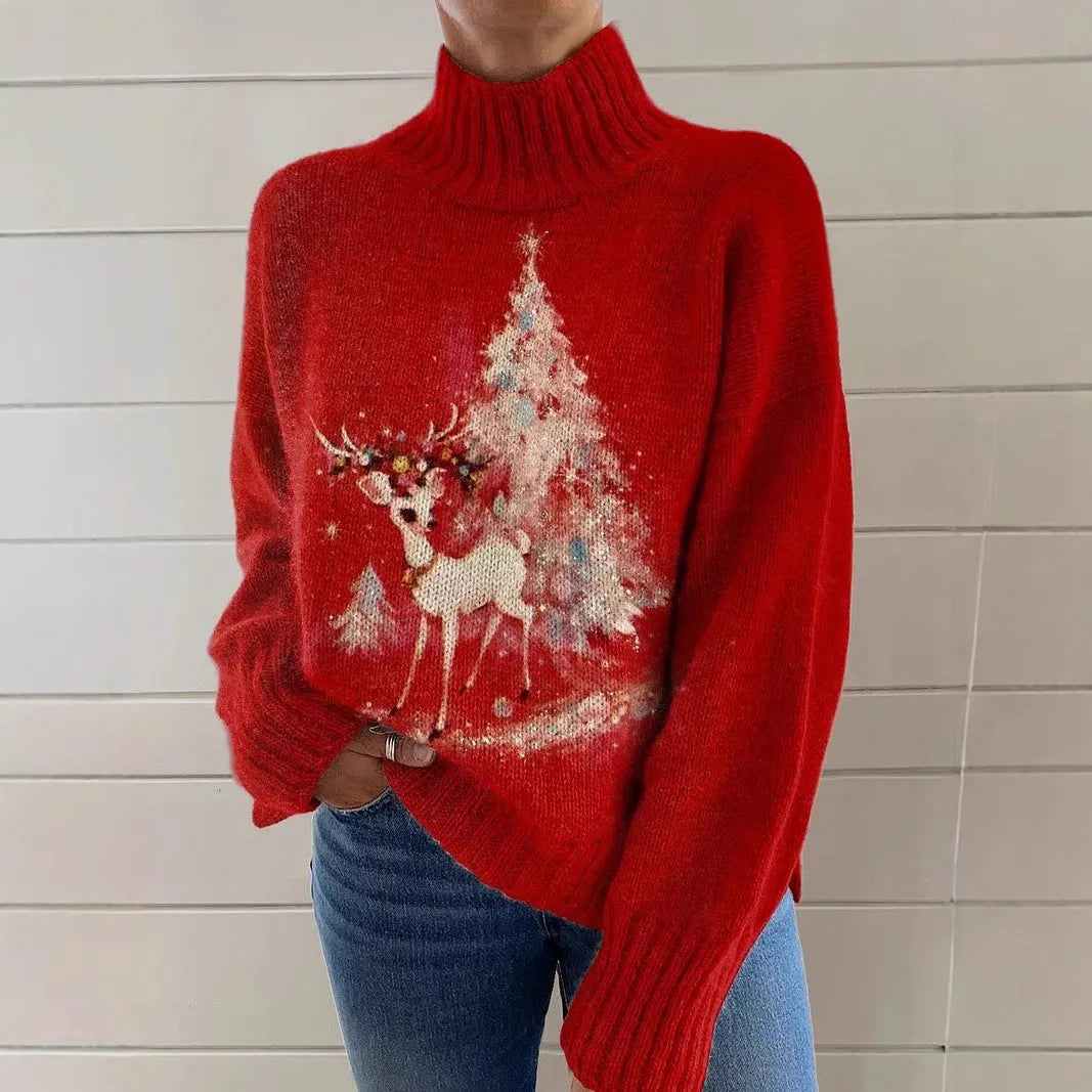 Women's loose-fit Christmas printed turtleneck sweater in macaron colours with painting pattern and long sleeves