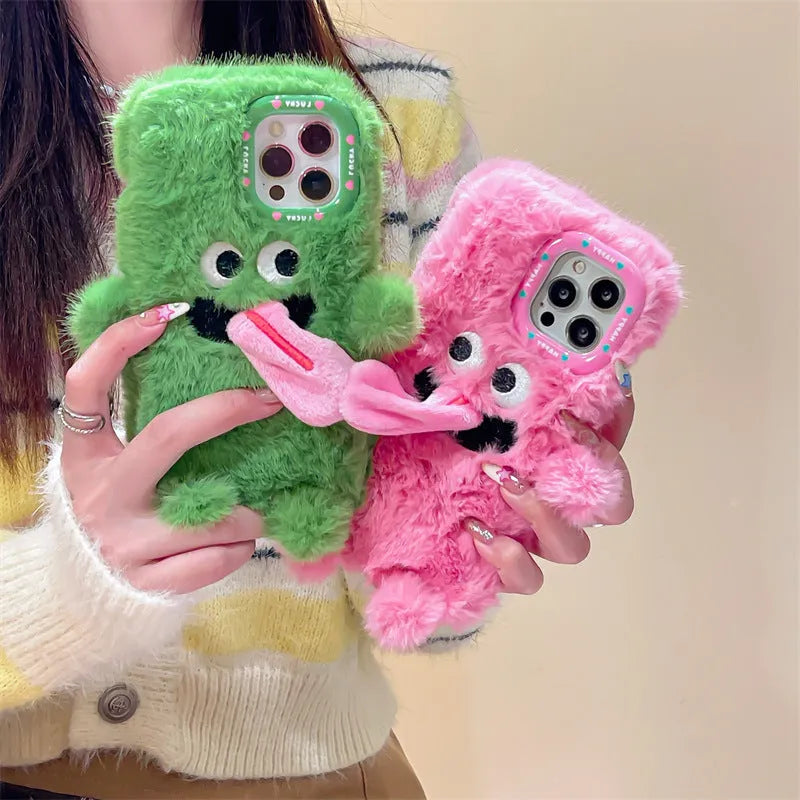 Silicone plush monster phone case with sticking-out tongue design for Apple iPhone