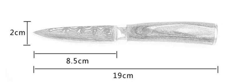 Santoku chef knife with laser Damascus pattern blade and coloured wood handle, blade length 7 inches.