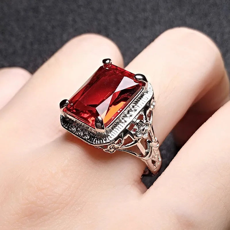 Women's adjustable copper ring with geometric design in redstone or turquoise electroplated finish