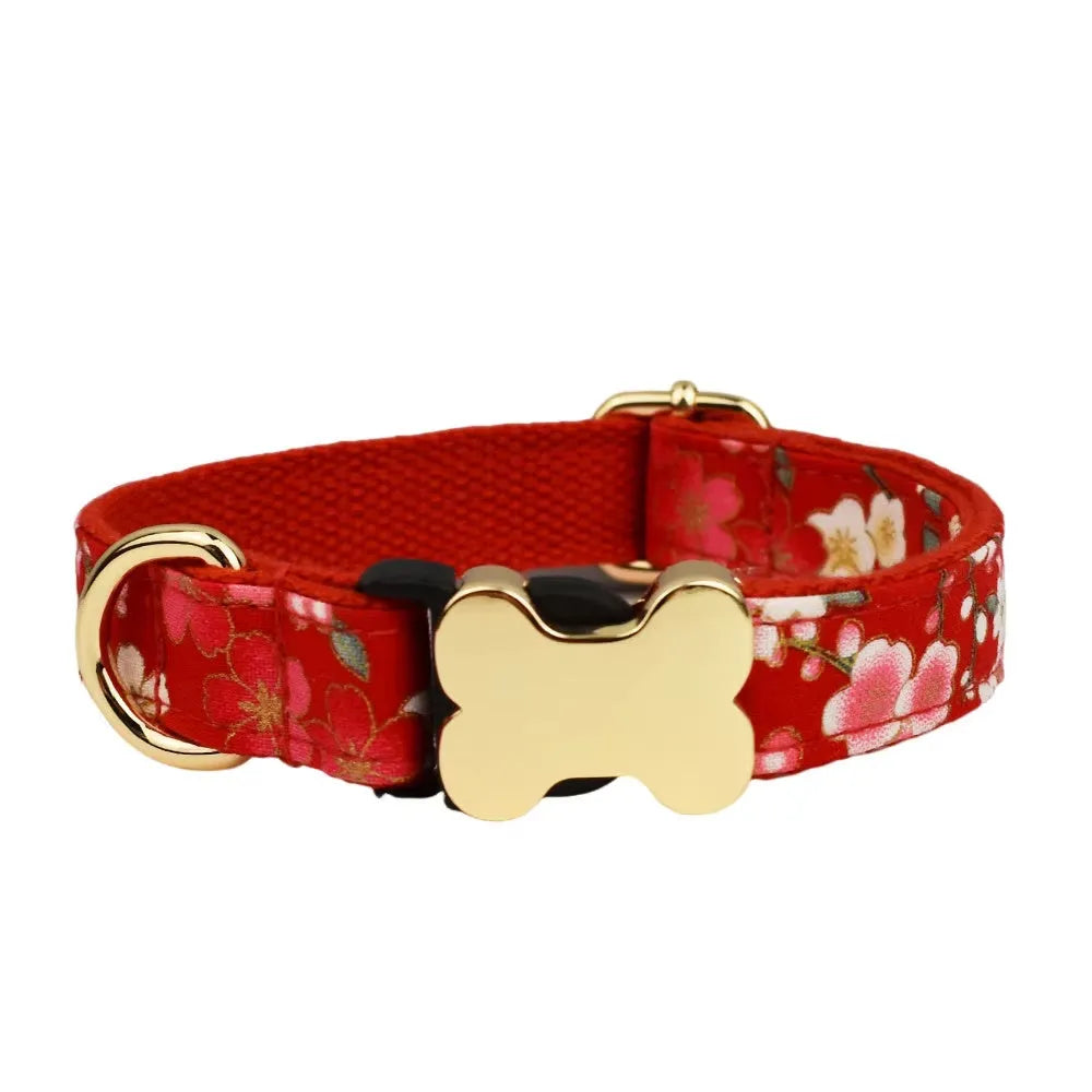 Flat fabric nylon dog collar with printed grid pattern and bone-shaped buckle