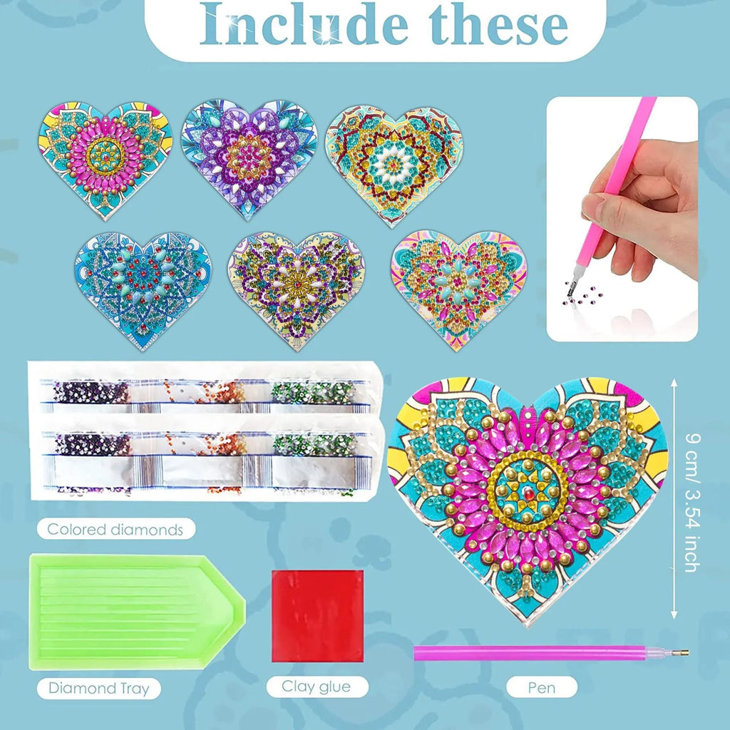 Six PU leather handmade bookmarks with floral cornerite patterns and stick-on crystals for page marking