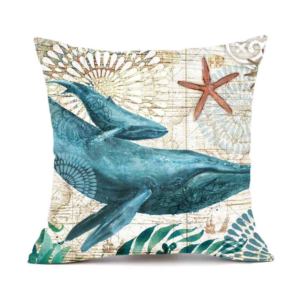 Linen cushion cover with printed sea turtle design, showing invisible zipper and 45x45cm size.