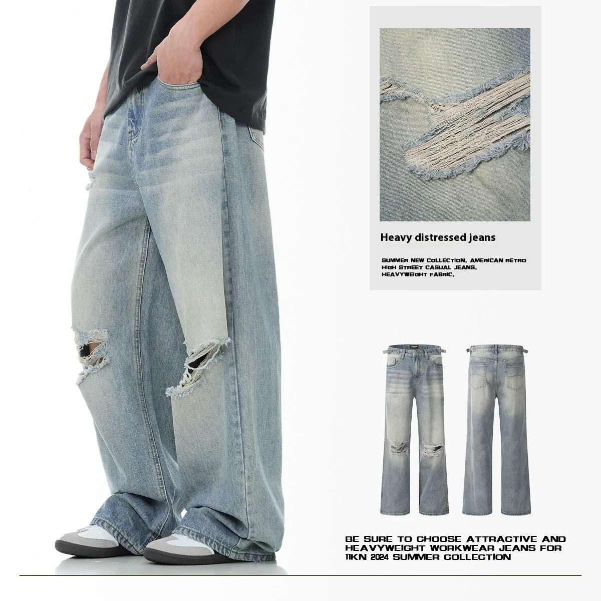Blue straight-leg retro jeans with zipper fly on a man, showing cotton blend fabric and five size options from S to XXL