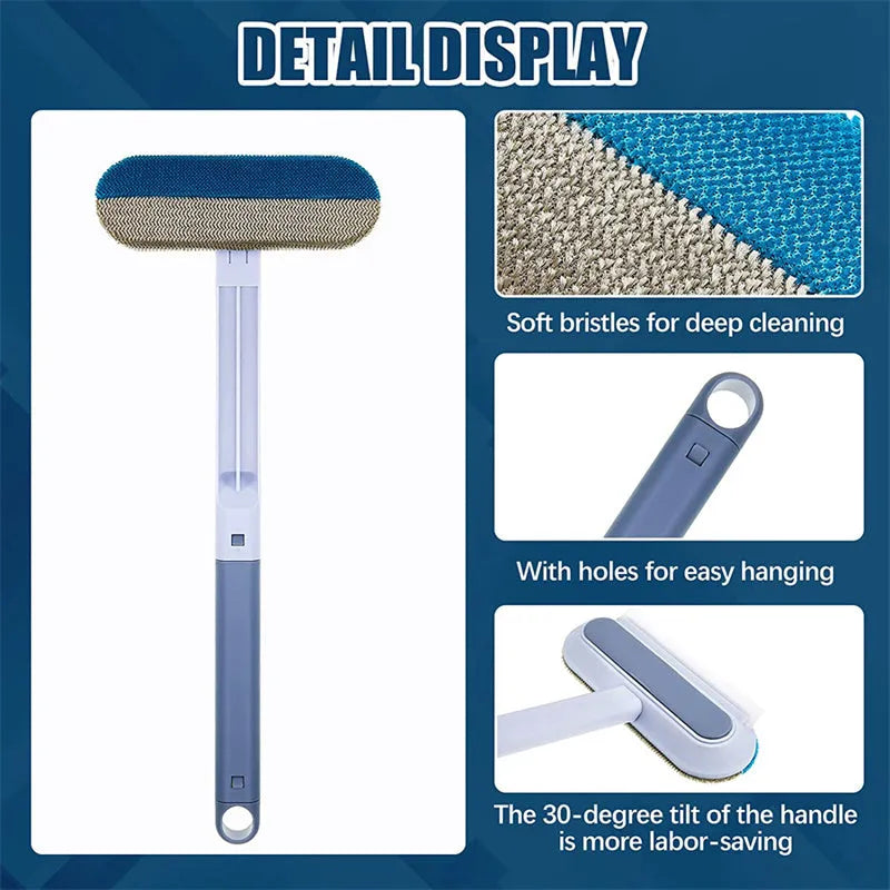 Multifunctional hair removal brush with flannel head and extension handle for cleaning pet hair, lint, and window screens.