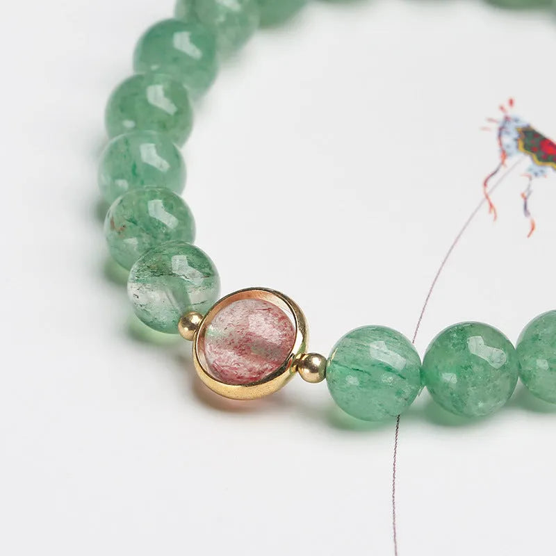 Green strawberry quartz bracelet with 7.5mm beads in hand-woven single circle ball design