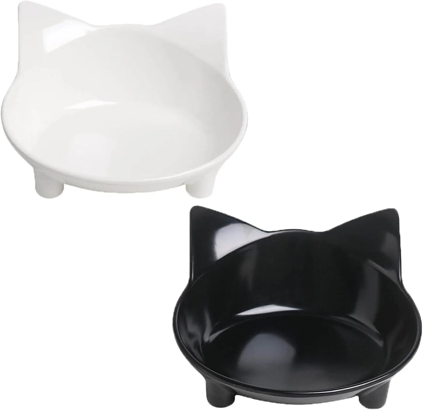 Non-slip shallow cat bowl in black or white, made from food-grade melamine with rubber base, measuring 145mm by 63mm