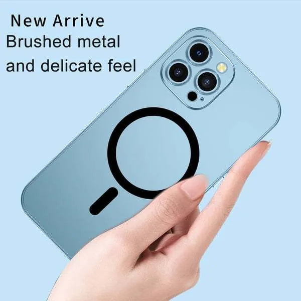 Aluminium alloy phone case with magnetic snap closure and lens protection for iPhone, shown in dark purple with nickel piece