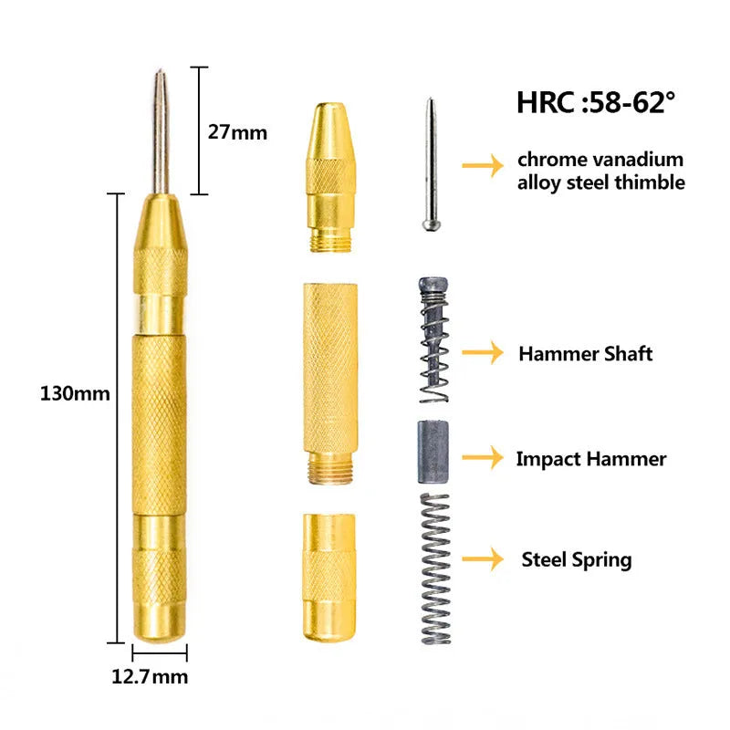High-speed steel cone drill bit punch set showing step drills and centre punch for metal and wood drilling