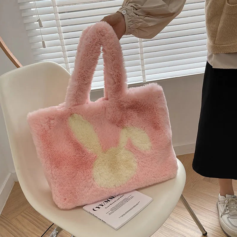 Cartoon rabbit ears plush tote bag in solid colour with shoulder strap for autumn winter use