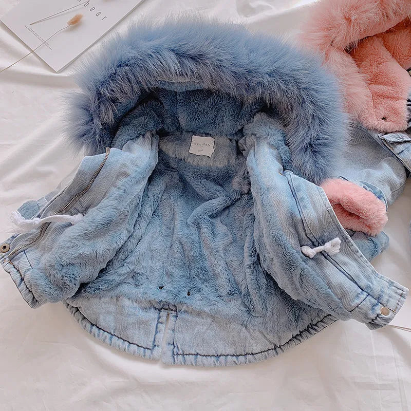 Girls blue denim coat with attached hat and velvet lining for winter wear