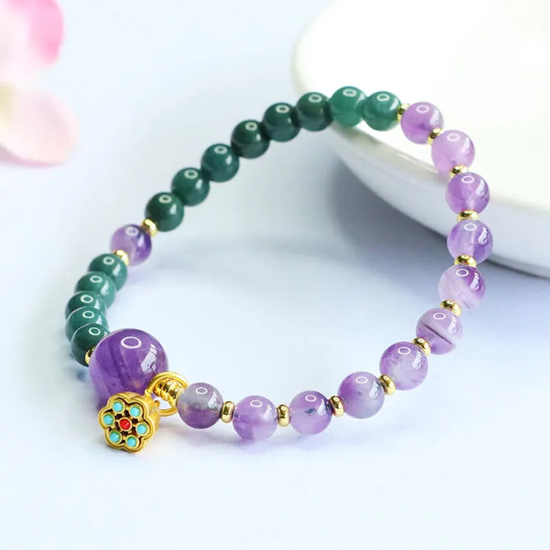 Hand-woven blue water jade and amethyst beaded bracelet, 6-10mm beads, Emerald Crystal style