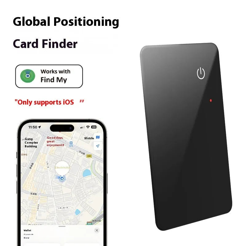 Black credit card sized pet tracker with a hanging hole, showing wireless charging and NFC symbols.