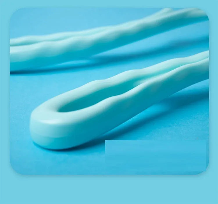 Blue handheld neck massager roller with acupressure nodes shown on a grey background.