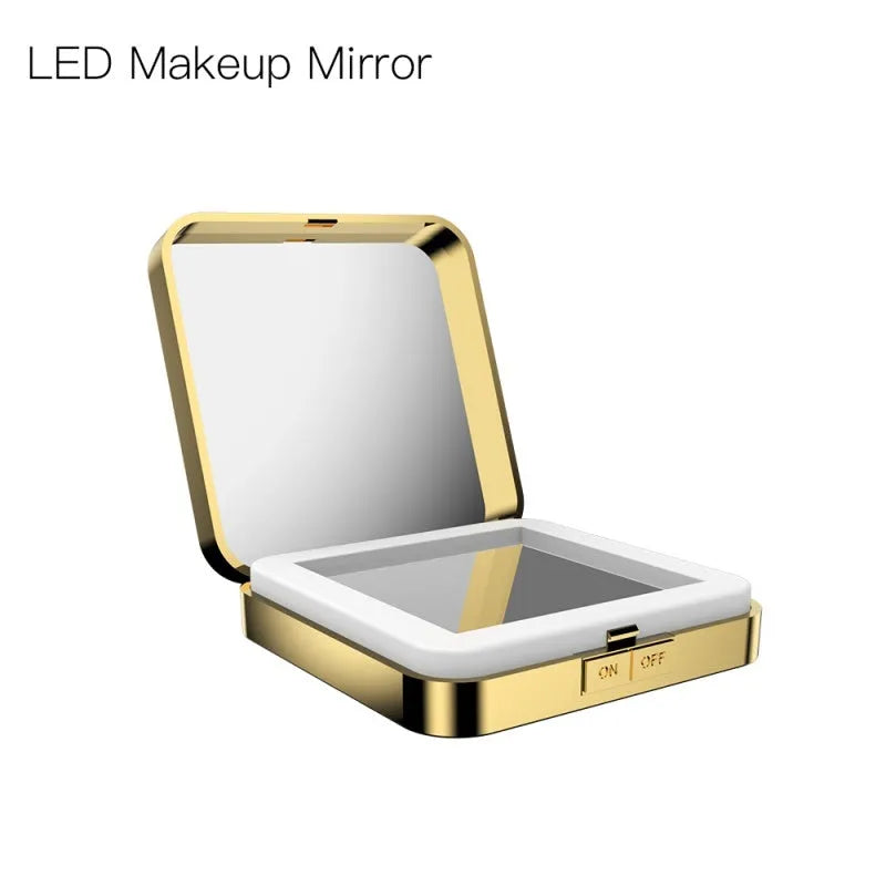 Black lighted makeup mirror with dual magnification showing 4x and HD sides, adjustable lighting controls visible