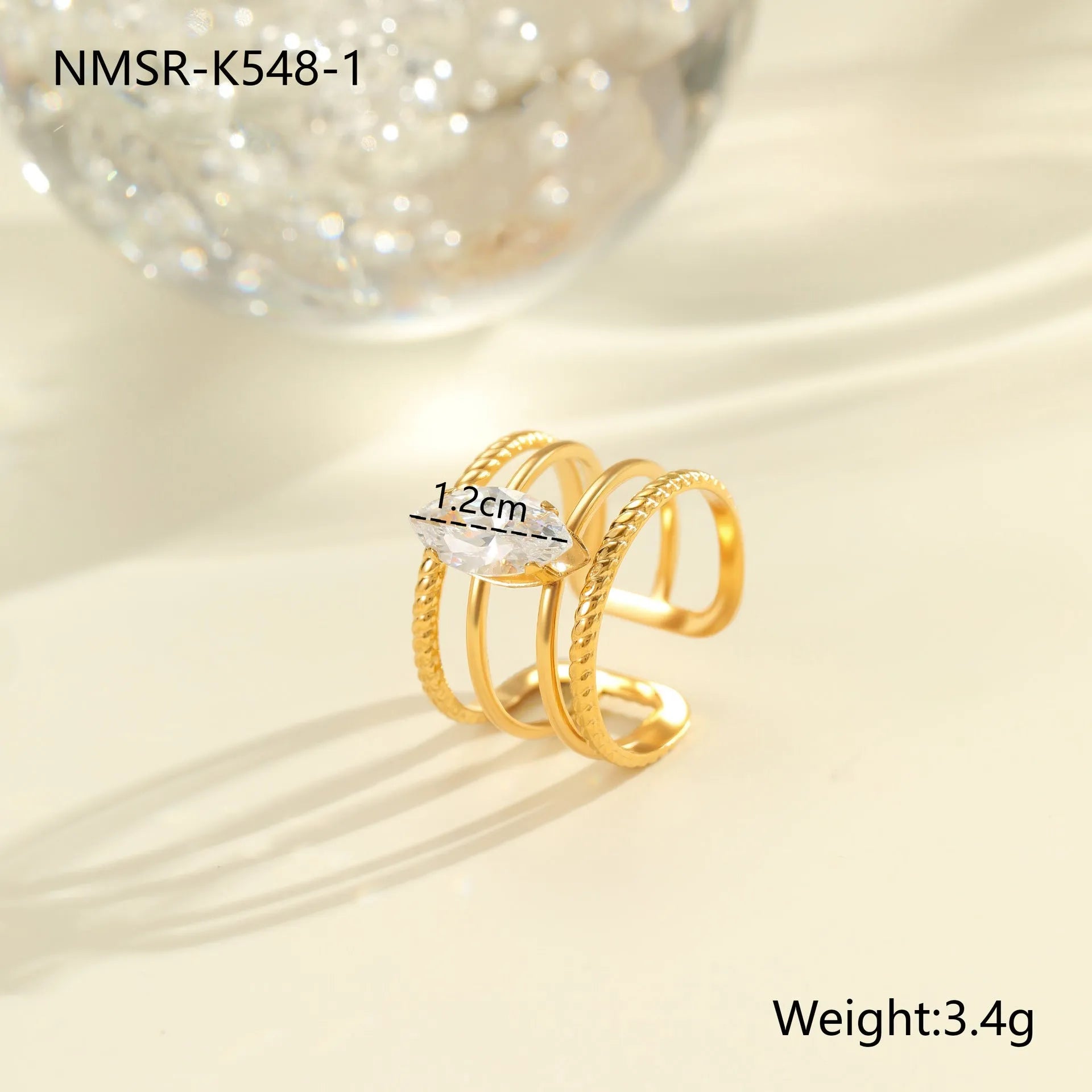 Gold coloured stainless steel ring with geometric and heart shapes, open mouth adjustable design.