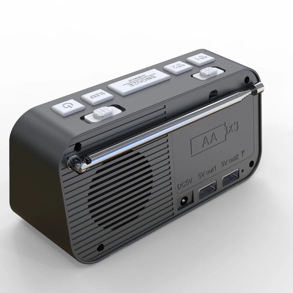 Black DAB bedside alarm clock with upgrade antenna, large LED display and USB charging ports