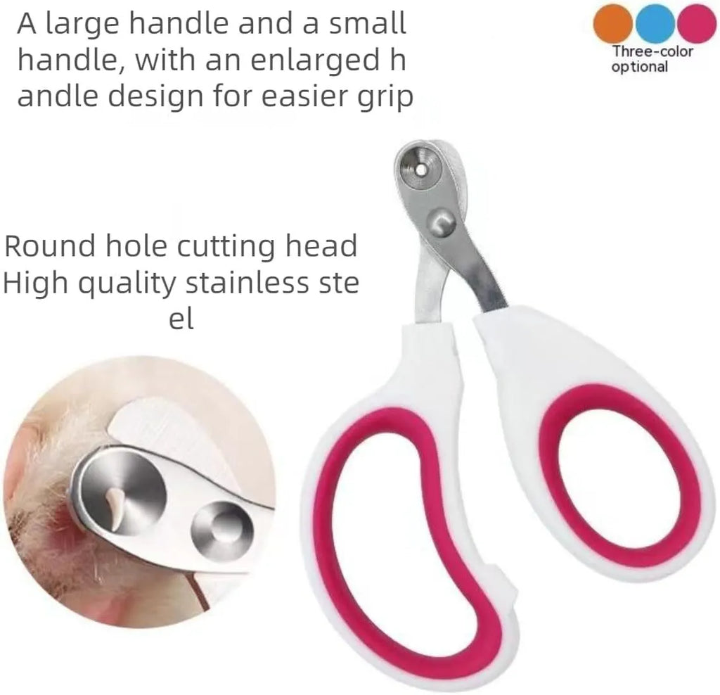 Blue cat nail clippers with circular hole and cushioned handles for trimming pet nails