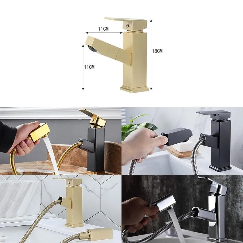 Brass square pull faucet with brushed gold finish for basin, showing high and low spout style options.