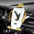 Car phone holder with wireless charging base and suction cup mount in Eagle style design