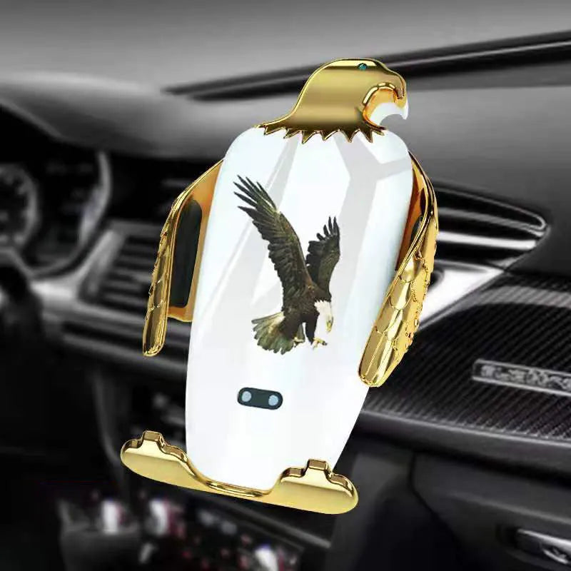 Car phone holder with wireless charging base and suction cup mount in Eagle style design