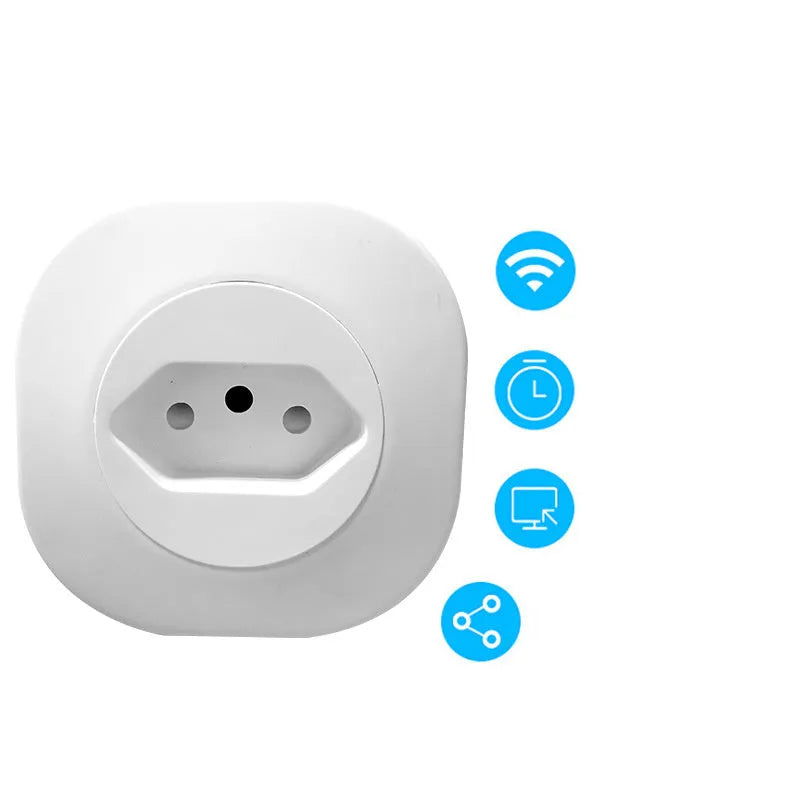 White smart socket plug with dimensions 70x70x72mm showing electrical specifications and WIFI control capability