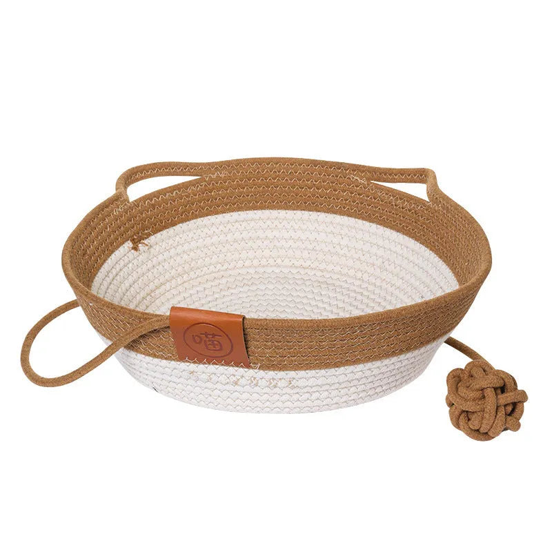 A grey cloth cat nest with cotton string stitching, shown alongside a matching grey cushion mat.