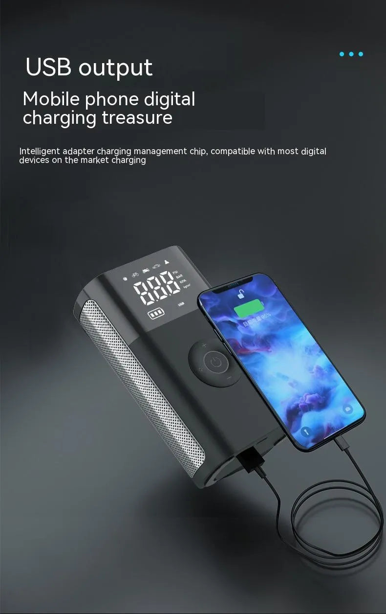 Wireless handheld digital display air pump with LCD screen showing tyre pressure, three nozzles, and charging cable