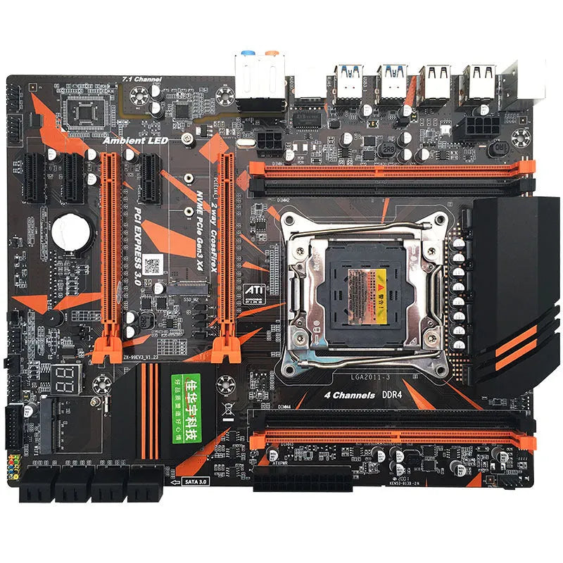 Black X99 motherboard with LGA2011-3 socket, four DDR4 slots, M.2 interface, and dual PCI-E x16 slots