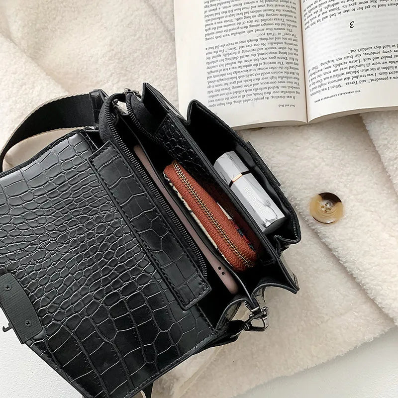 Vintage crossbody bag in black with PU fabric, showing dimensions of 20cm width and 14cm height