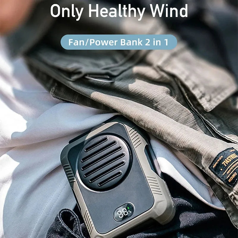 Green portable waist hanging fan with leafless design showing USB charging port and neck strap