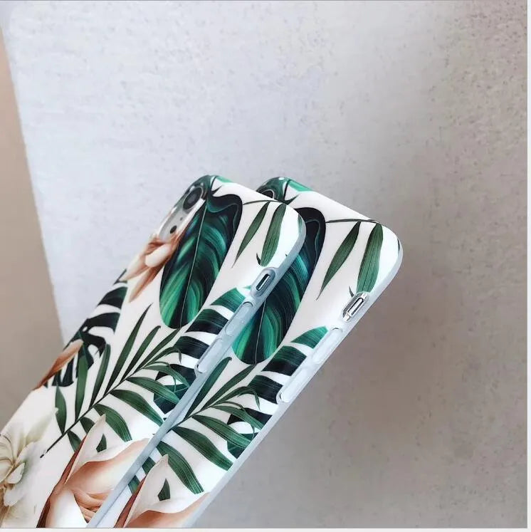 Floral banana leaf artwork phone case for iPhone models with flower leaves colour