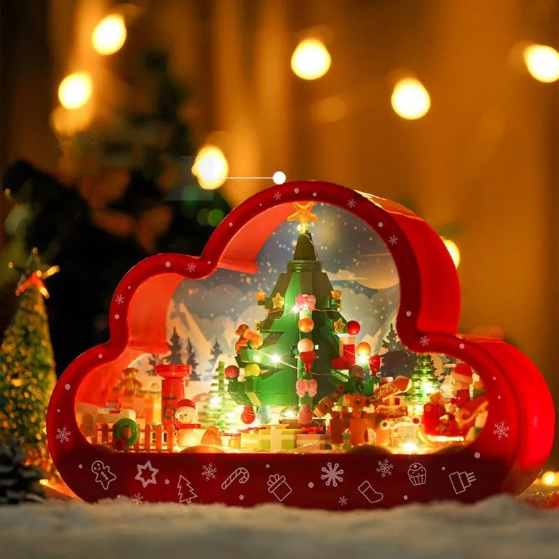 Assembled Christmas tree building block toy with LED cloud night light and decorative PVC mirror frame