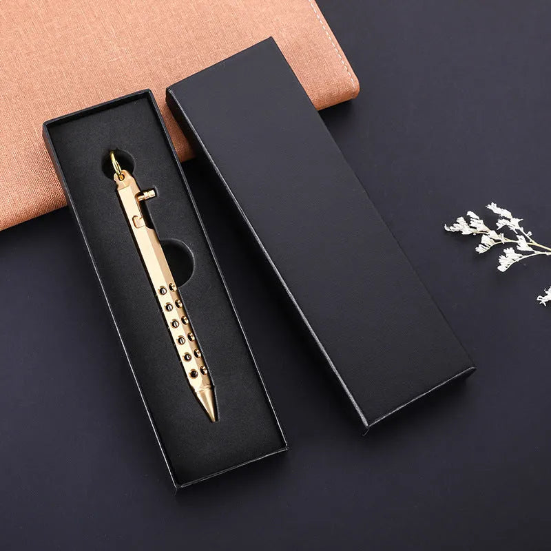 Brass hexagonal bolt roller pen with 0.5mm tip, 13cm length, and retro black refill option.