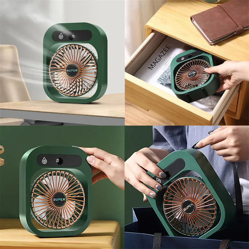 Green and white USB rechargeable portable misting fan and humidifier with adjustable wind direction