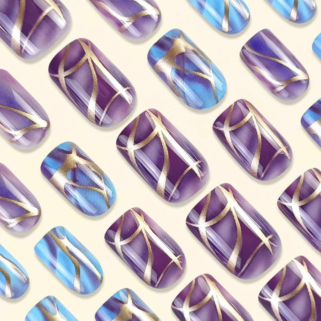 Purple striped nail stickers with European and American style medium length design
